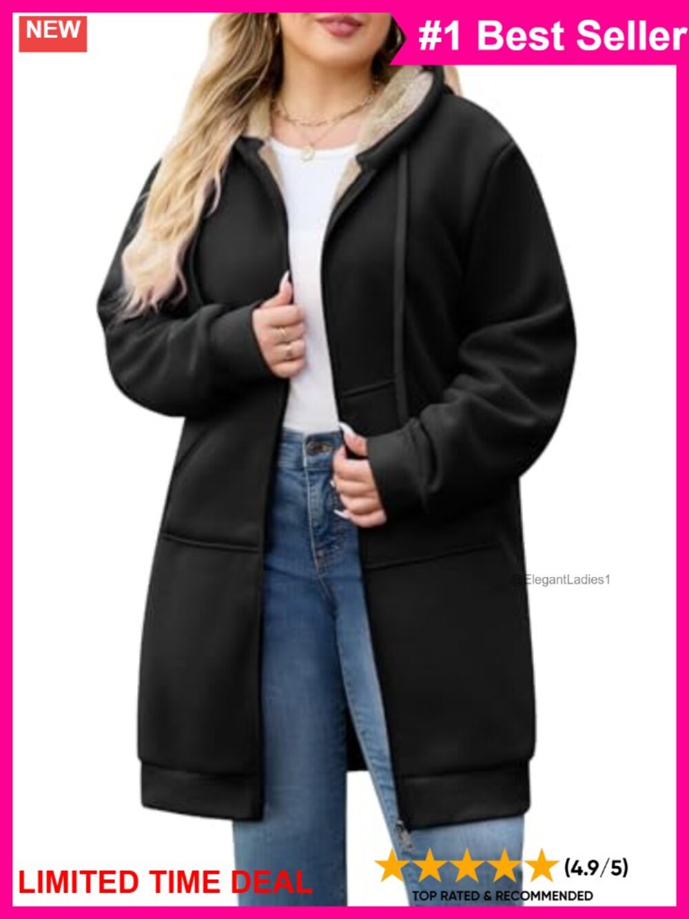Plus Size Long Fleece Hoodie Warm Zip Up Casual Soft Oversized